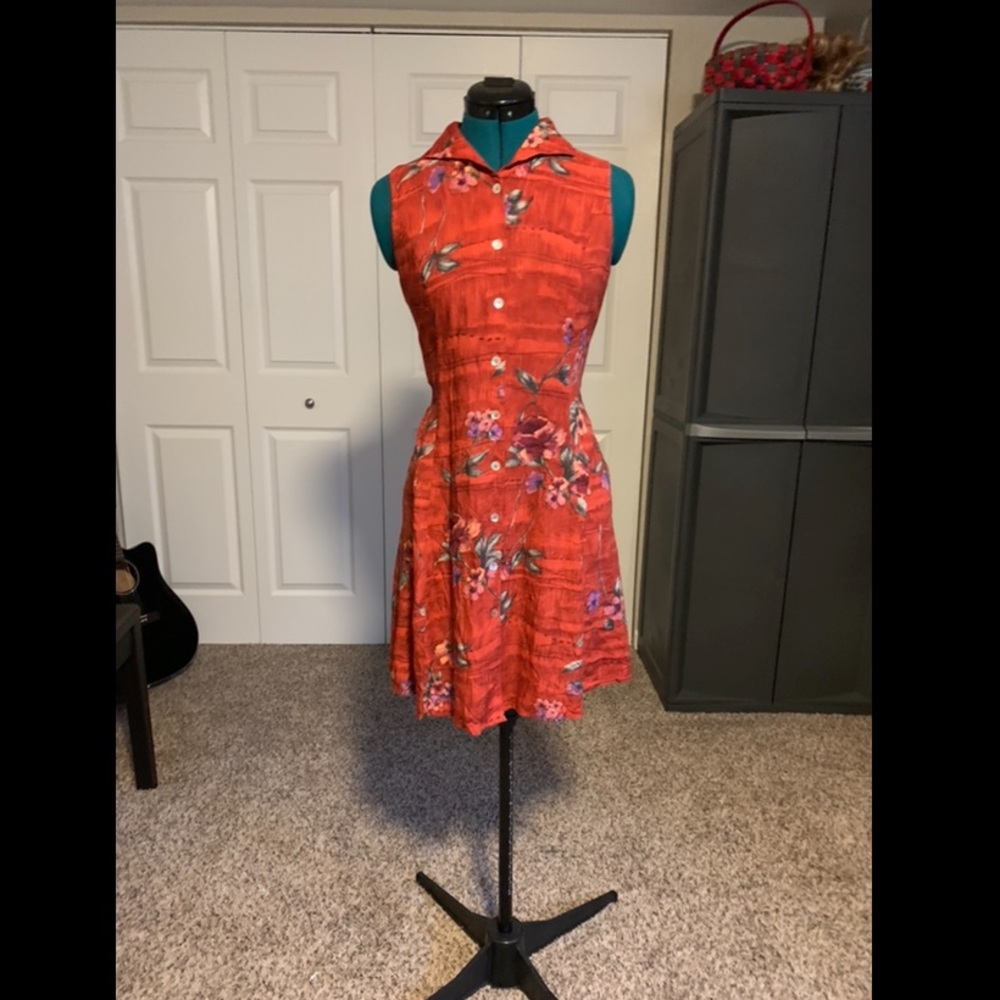 Dark orange floral sleeveless button up dress